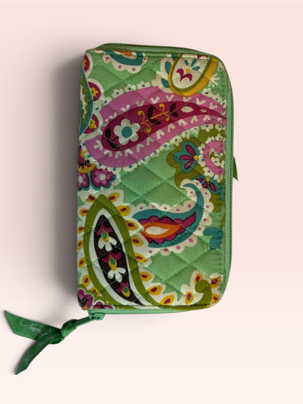 Vera Bradley Green Quilted Paisley Zip Wallet with Pink and Teal Accents